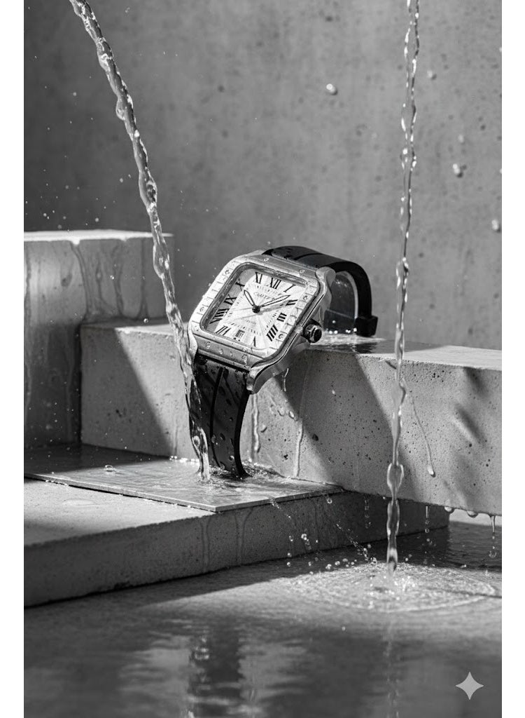 كارتييه ساعة يد رجالي فاخرة بتصميم مربع – قرص أبيض بأرقام رومانية مع سوار سيليكون أسود - Image 2